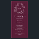 Menu Casamento Burgundy Leafy Crest Monograma<br><div class="desc">Um belo toque final para sua capa de sopa, este cardápio de casamento burro exumenta luxo subestimado. Delicadamente emoldurado por uma crista monográfica refinada, este menu adiciona uma elegância curada à sua recepção de casamento, permitindo que os hóspedes se iludam em todos os cursos com antecipação. Projetada para complementar uma...</div>