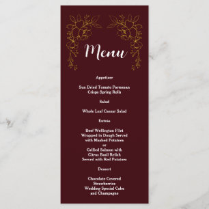 Menu Casamento Burgundy Profundo Floral Ouro Elegante 