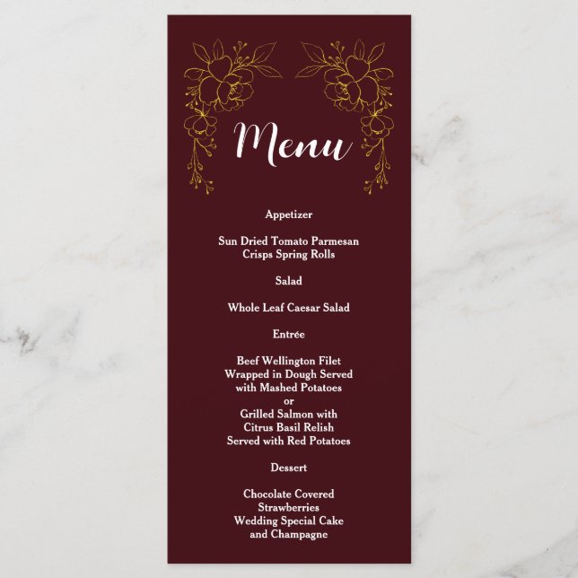Menu Casamento Burgundy Profundo Floral Ouro Elegante  (Frente)