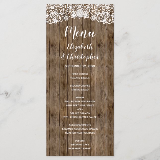 Menu Casamento Caligrafia Renda Madeira Celeiro Rústico (Frente)