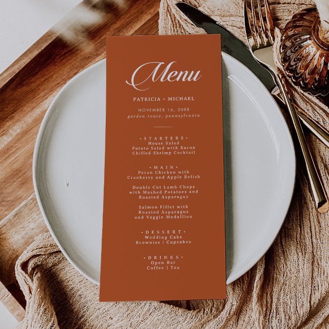 Menu Casamento Caligrafia Terracota Chic Clássico (Criador carregado)