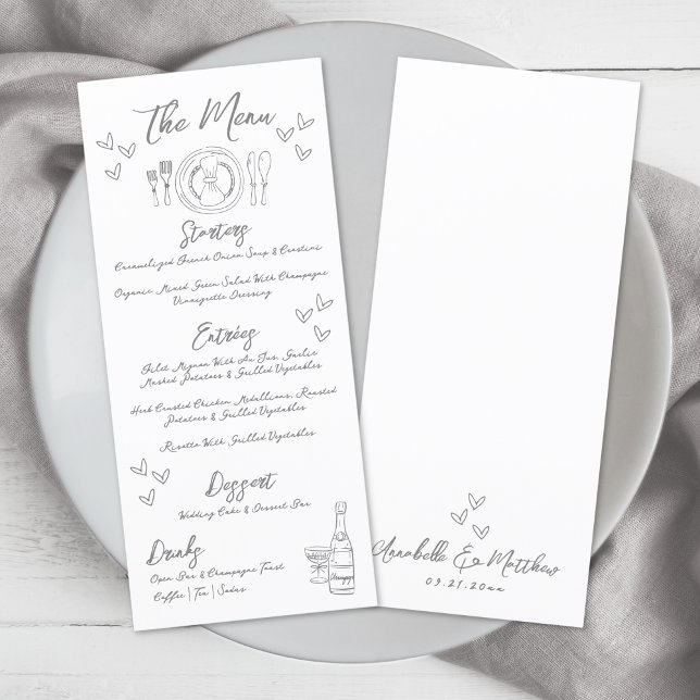 Menu Casamento Caprichoso Cinza Desenhado à Mão (Hand Drawn Gray Whimsical Wedding Menu )