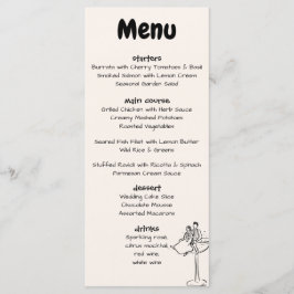Menu Casamento Caprichoso Retro Desenhado à Mão em Crem
