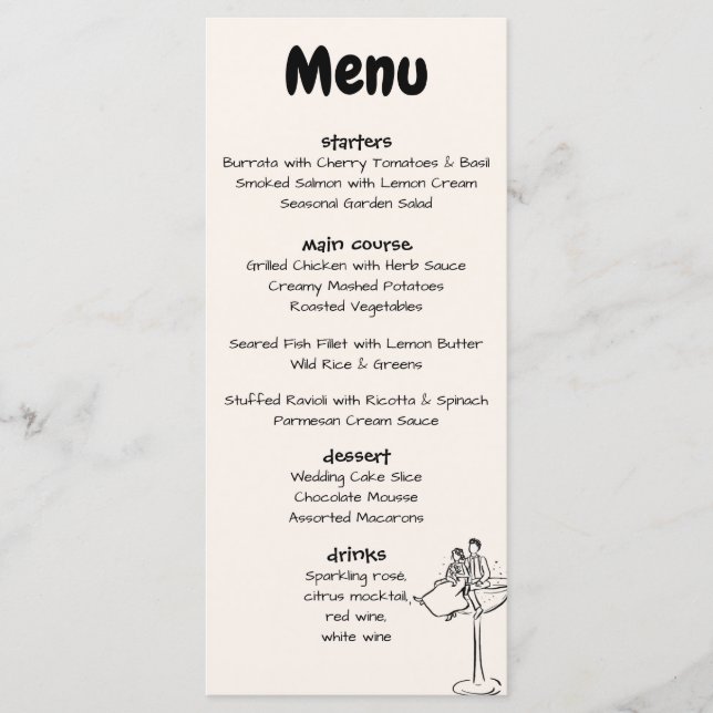 Menu Casamento Caprichoso Retro Desenhado à Mão em Crem (Frente)