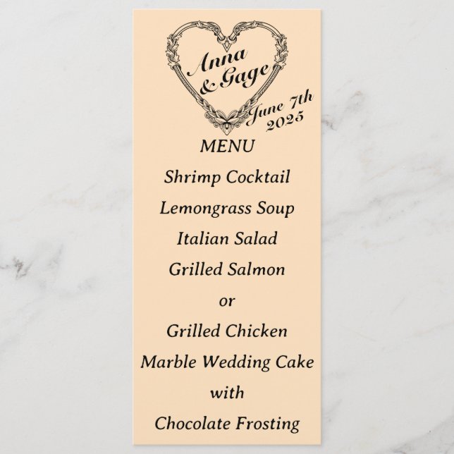 Menu Casamento Cardíaco Vitoriano Sepia-Toned (Frente)