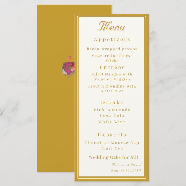 Menu Casamento Católico Cream & Ochre Dois Corações (Frente/Verso)