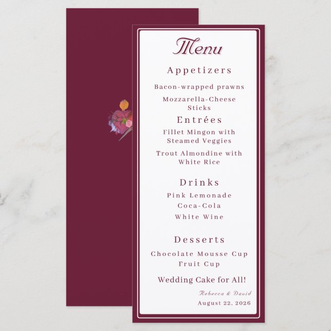 Menu Casamento Católico de Dois Corações Burgundy e Bra (Frente/Verso)