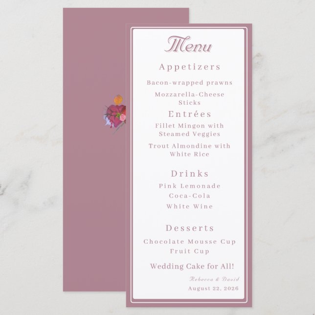 Menu Casamento Católico Dusty Rose Dois Corações (Frente/Verso)