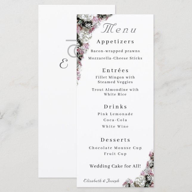 Menu Casamento Católico Floral Rosa e Branco (Frente/Verso)