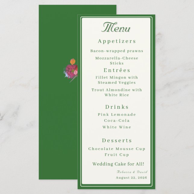 Menu Casamento Católico Forest Green Dois Corações (Frente/Verso)