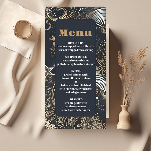 Menu Casamento Celestial Elegante Prata e Ouro (Criador carregado)