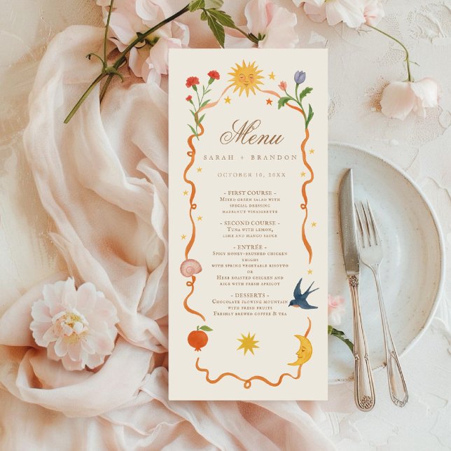 Menu Casamento Celestial Folk pintado à mão (Criador carregado)