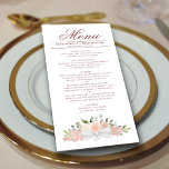 Menu Casamento Chic Boho Floral Boho, Cor de Água Rosa<br><div class="desc">Este belo menu irá adicionar algum estilo à sua recepção de casamento. Apresenta um belo design floral bicho-papa com um aglomerado de rosas de aquarela pintados à mão e flores em tons de cor-de-rosa-pincel, pêssego de coral, e mauve, juntamente com ranhuras de folhas de eucalipto e verde de jardim. Há...</div>