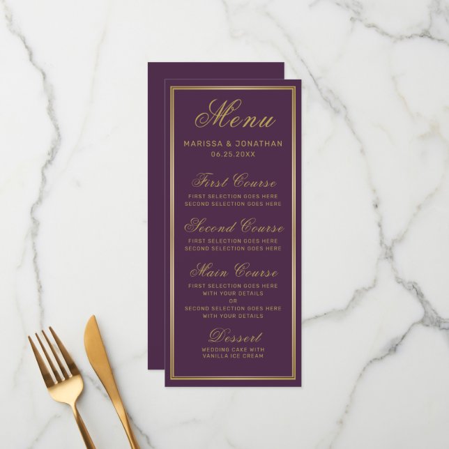 Menu Casamento Chic Dourado Roxo de Ameixa Elegante (Frente/Verso In Situ)
