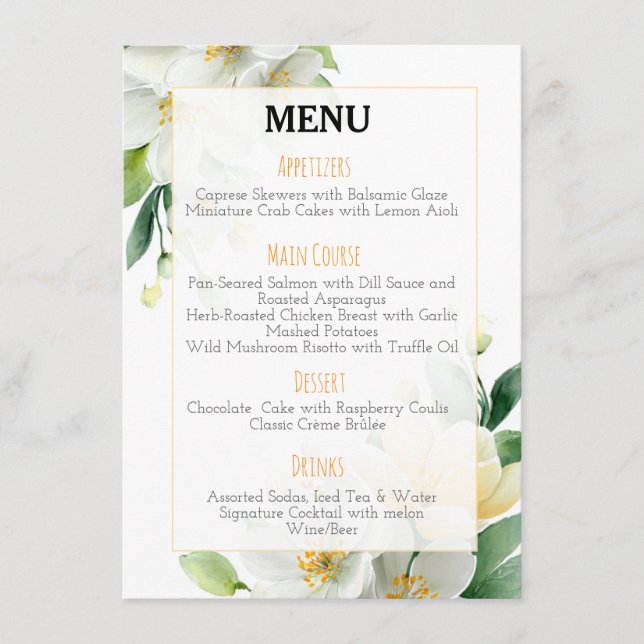Menu Casamento Chic Watercolor Magnolia & Jasmine (Frente)