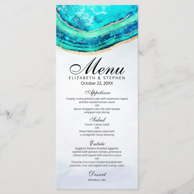 Menu Casamento Chic Watercolor Teal Dourado Agate  (Frente)