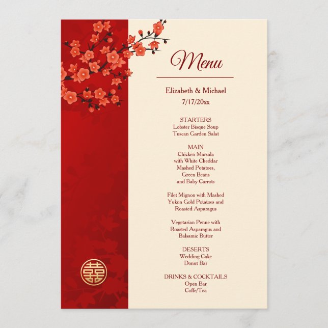 Menu Casamento chinês BILINGUAL Red Cherry Blossom (Frente)