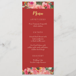 Menu Casamento chinês com fundo vermelho floral rosa