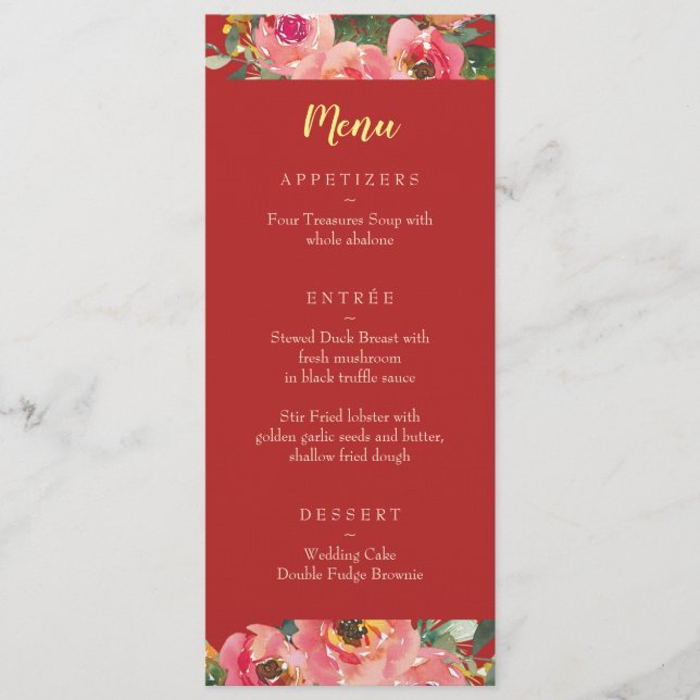 Menu Casamento chinês com fundo vermelho floral rosa (Frente)