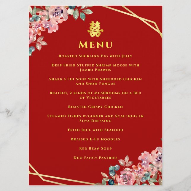 Menu Casamento chinês com terra floral geométrica de ou (Frente)