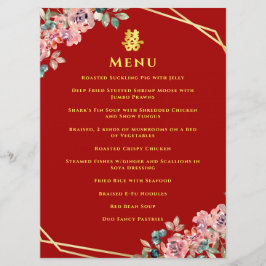Menu Casamento chinês com terra floral geométrica de ou
