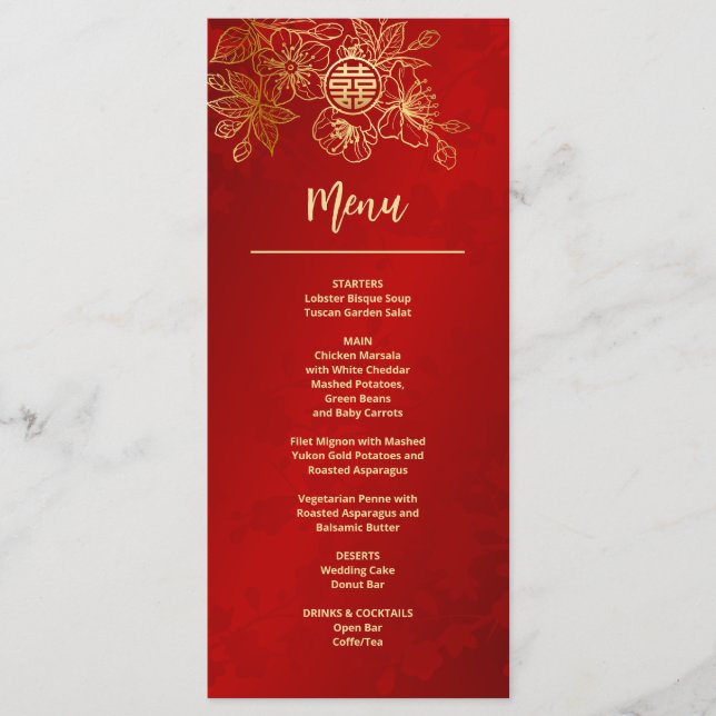 Menu Casamento Chinês de Arte Floral Dourada Vermelha (Frente)
