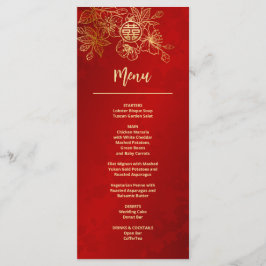 Menu Casamento Chinês de Arte Floral Dourada Vermelha