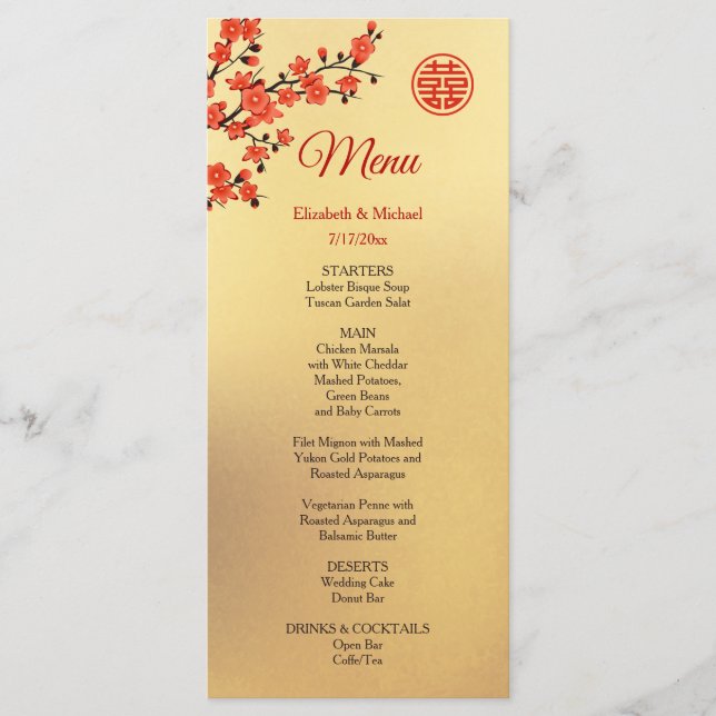 Menu Casamento Chinês Dourado BILINGUAL de Cereja (Frente)