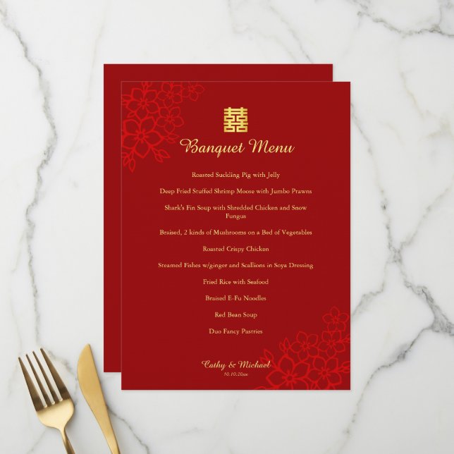Menu Casamento chinês floral dupla felicidade vermelha  (Frente/Verso In Situ)