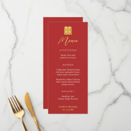 Menu Casamento chinês moderno de ouro vermelho simples