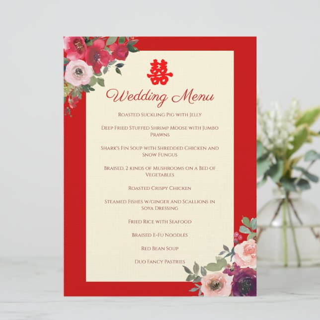 Menu casamento chinês vermelho roxo floral jardim (Em pé/Frente)