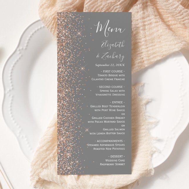 Menu Casamento Cinza Brilho Moderno Pêssego (Criador carregado)