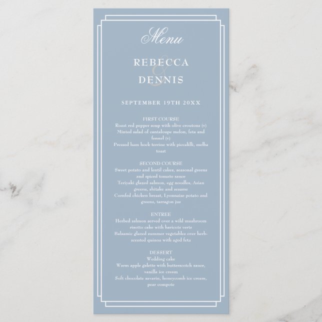 Menu Casamento Clássico Art Déco em Azul Poeirento (Frente)