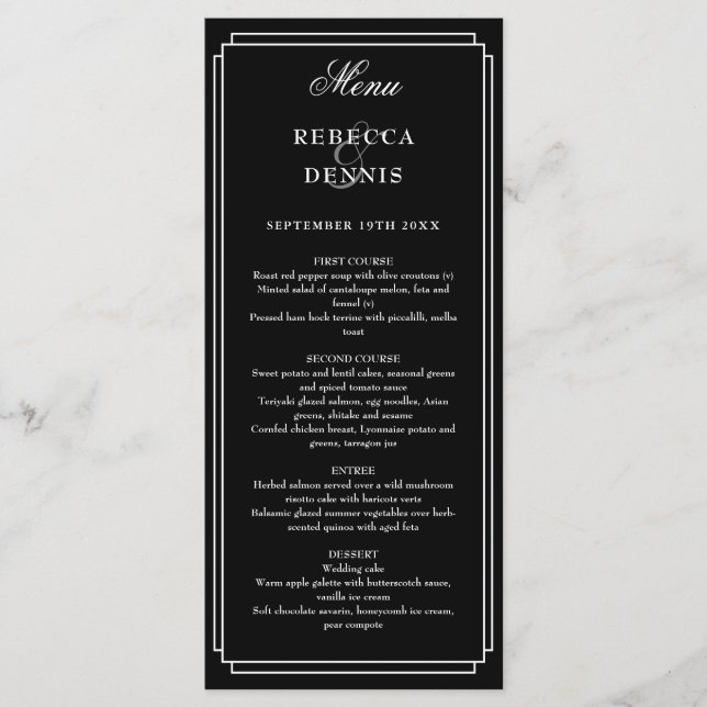 Menu Casamento Clássico Art Déco Preto e Branco (Frente)