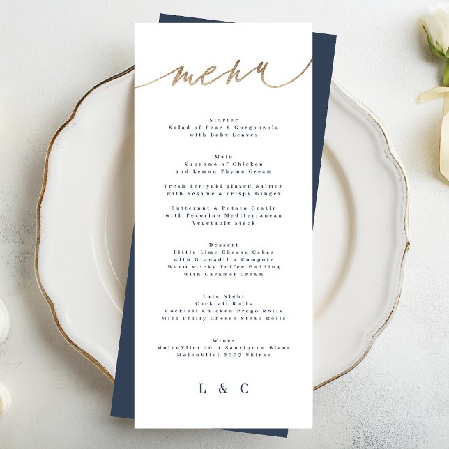 Menu Casamento Clássico Branco Azul-Marinho Dourado Sim (Criador carregado)