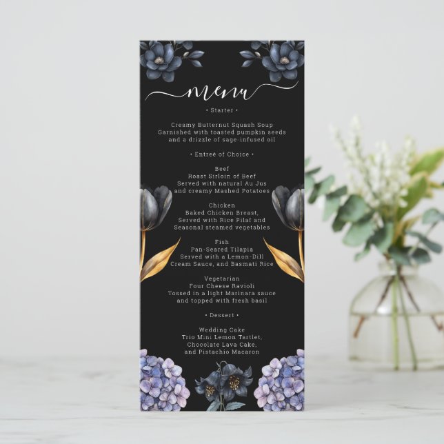 Menu Casamento Clássico Caprichoso Chic Floral Preto Ma (Em pé/Frente)