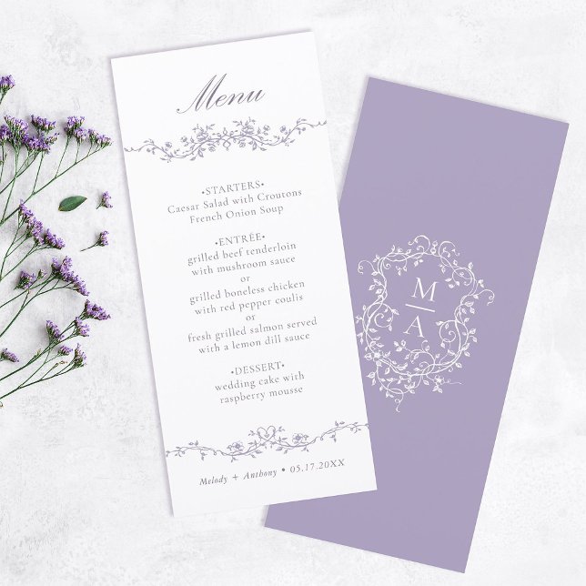 Menu Casamento Clássico com Borda Floral de Lavanda (Front & Back)