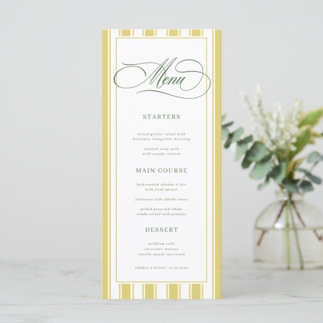 Menu Casamento Clássico com Listras Vibrantes Amarelo V (Em pé/Frente)