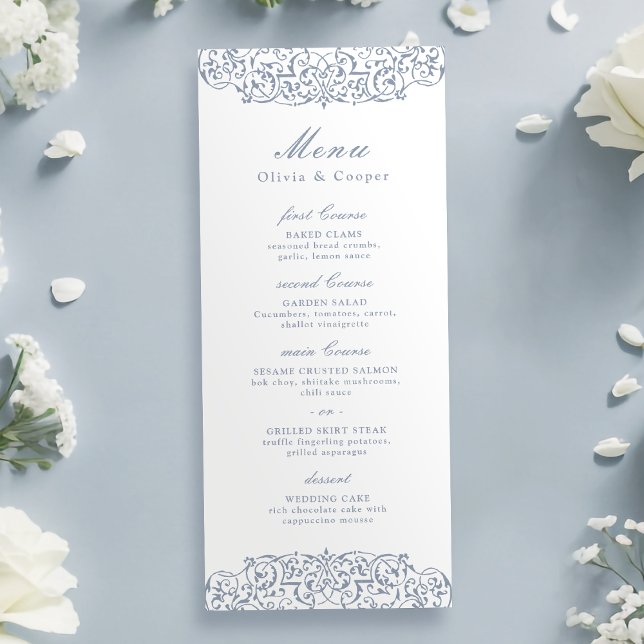 Menu Casamento Clássico de Frame de Ornamentado da Dust (Dusty Blue Vintage Ornate Frame Classic Wedding Menu)