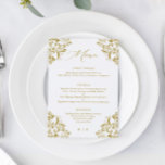 Menu Casamento Clássico de Vintagem Dourada Elegante<br><div class="desc">Elegante Dourado Menu Casamento: Este menu de casamento vintage de luxo é perfeito para um casamento elegante e clássico. Ele apresenta uma fronteira de ornamentado com caligrafia moderna e elegante. Veja todos os produtos de casamento elegantes de ouro correspondentes abaixo.</div>