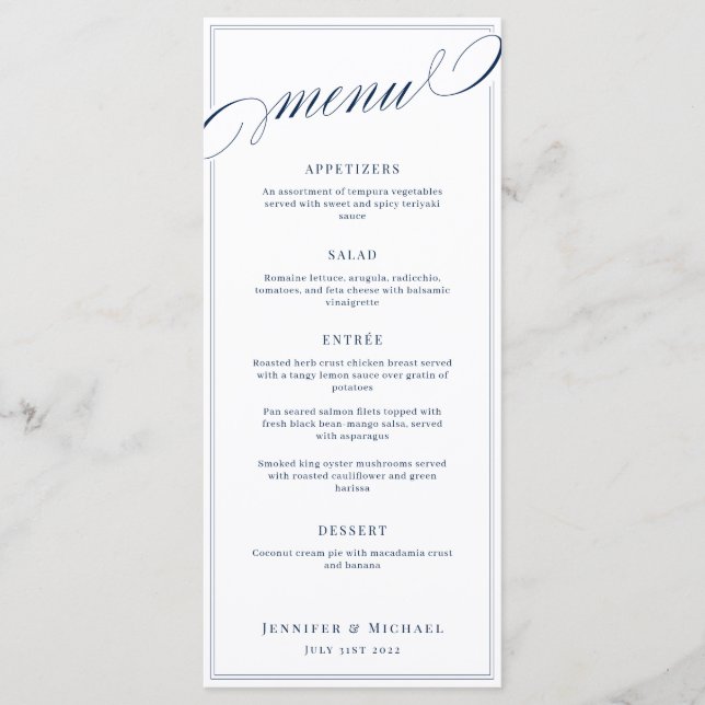 Menu Casamento clássico e branco de caligrafia elegante (Frente)