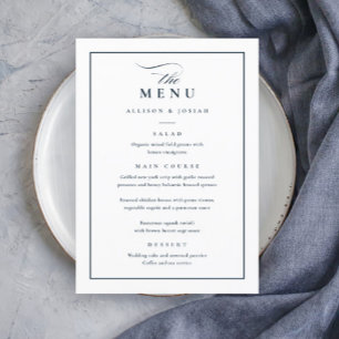 Menu Casamento Clássico Elegante Azul Marinho e Branco