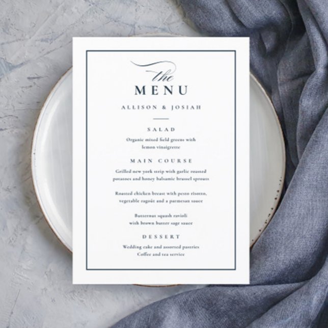 Menu Casamento Clássico Elegante Azul Marinho e Branco (Elegant Navy Blue and White Wedding Menu.)