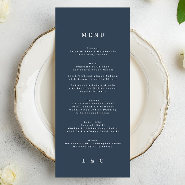 Menu Casamento Clássico Elegante Branco Azul-marinho (Criador carregado)