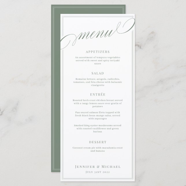 Menu Casamento Clássico Elegante de Caligrafia Branca e (Frente/Verso)