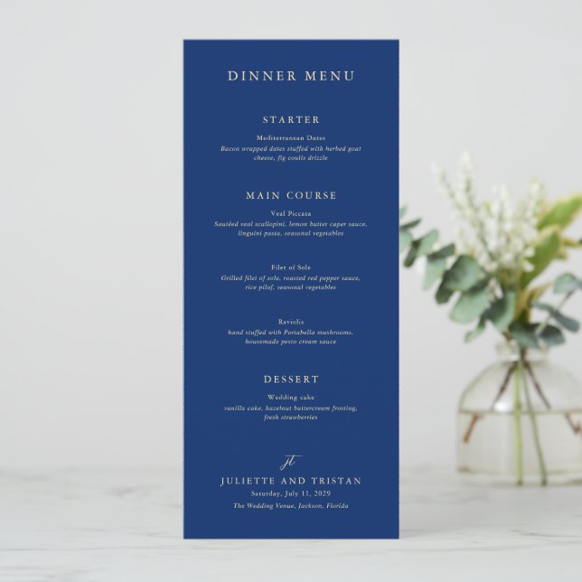 Menu Casamento Clássico Elegante em Azul Marinho e Crem (Em pé/Frente)