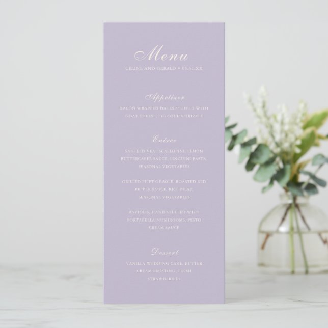 Menu Casamento Clássico Elegante Lilás (Em pé/Frente)