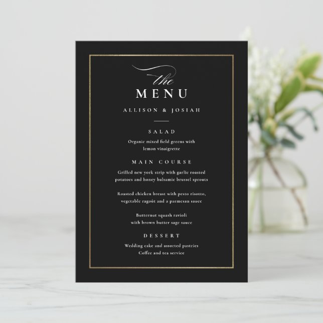 Menu Casamento Clássico Elegante Preto e Branco (Em pé/Frente)