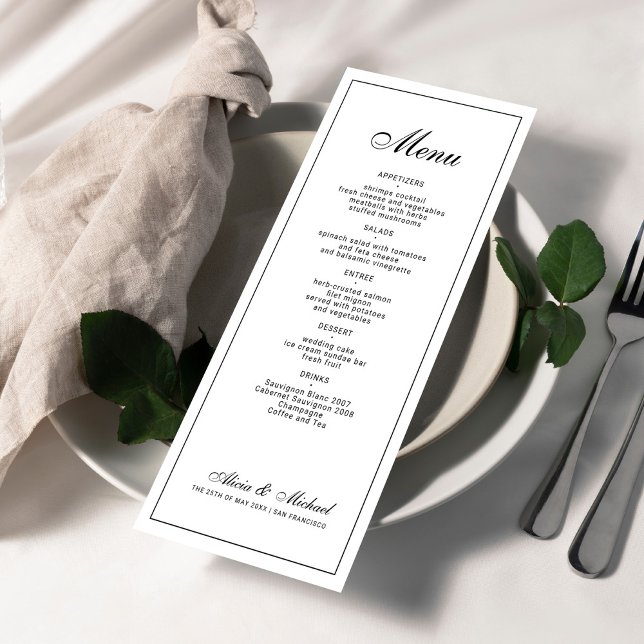 Menu Casamento clássico elegante preto e branco (Criador carregado)