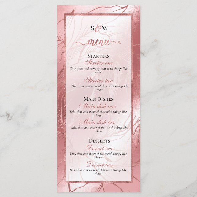 Menu casamento clássico, elegante, rosa cor-de-rosa, ro (Frente)
